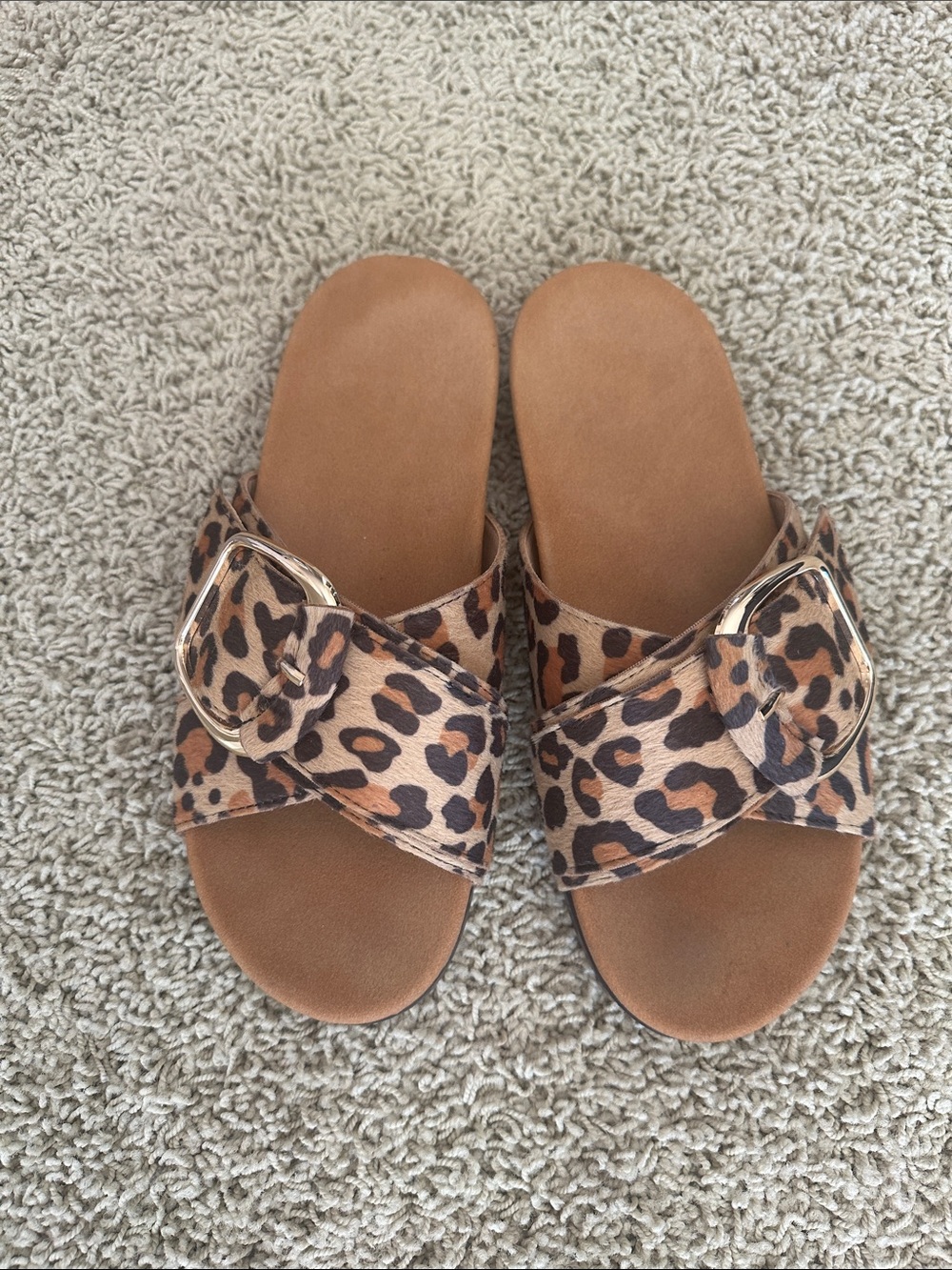 Leopard Print Cross-Band Slide Sandals - Brown